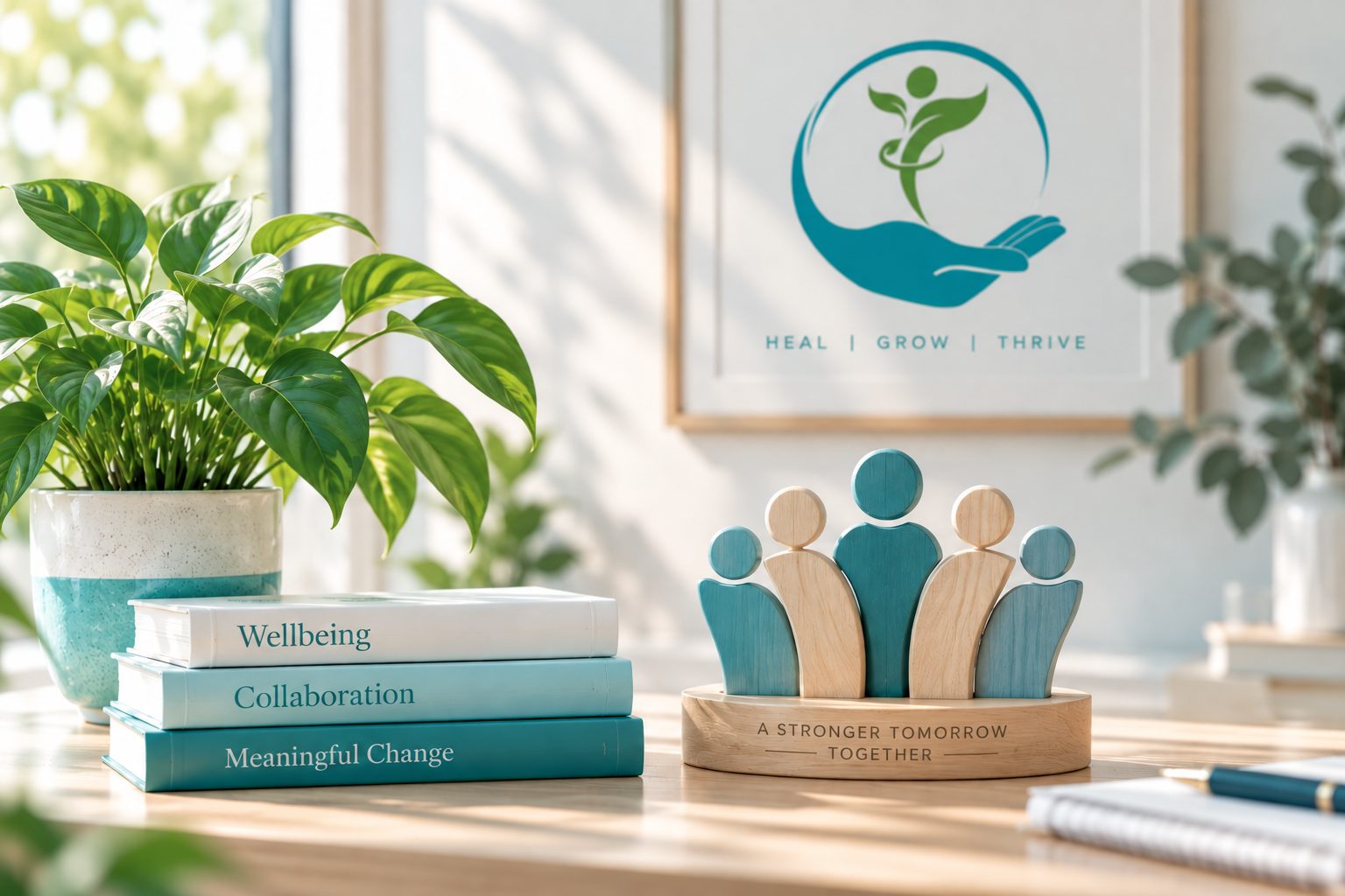A calm therapy workspace with a framed Mind Healing Therapy poster reading Heal, Grow, Thrive