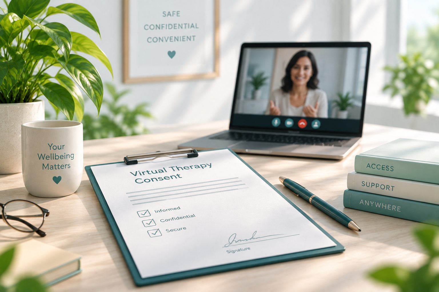 A virtual therapy consent form on a clipboard beside a laptop showing a video call