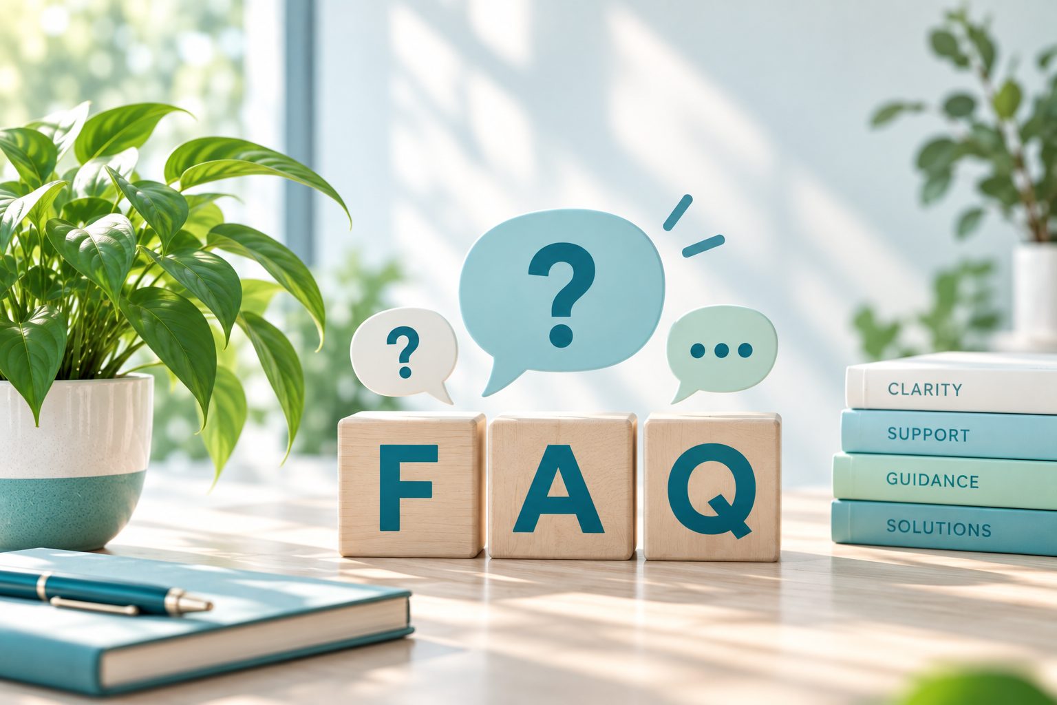 FAQ letter blocks on a desk with question mark icons and plants