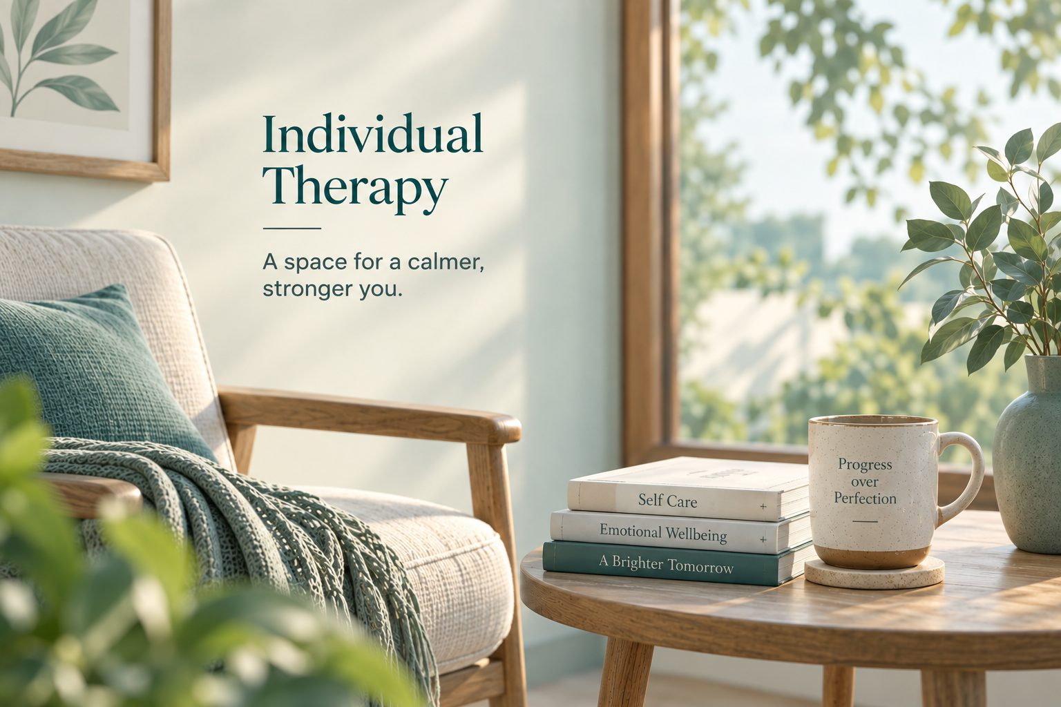 A calm reading corner symbolising a space for a calmer, stronger you
