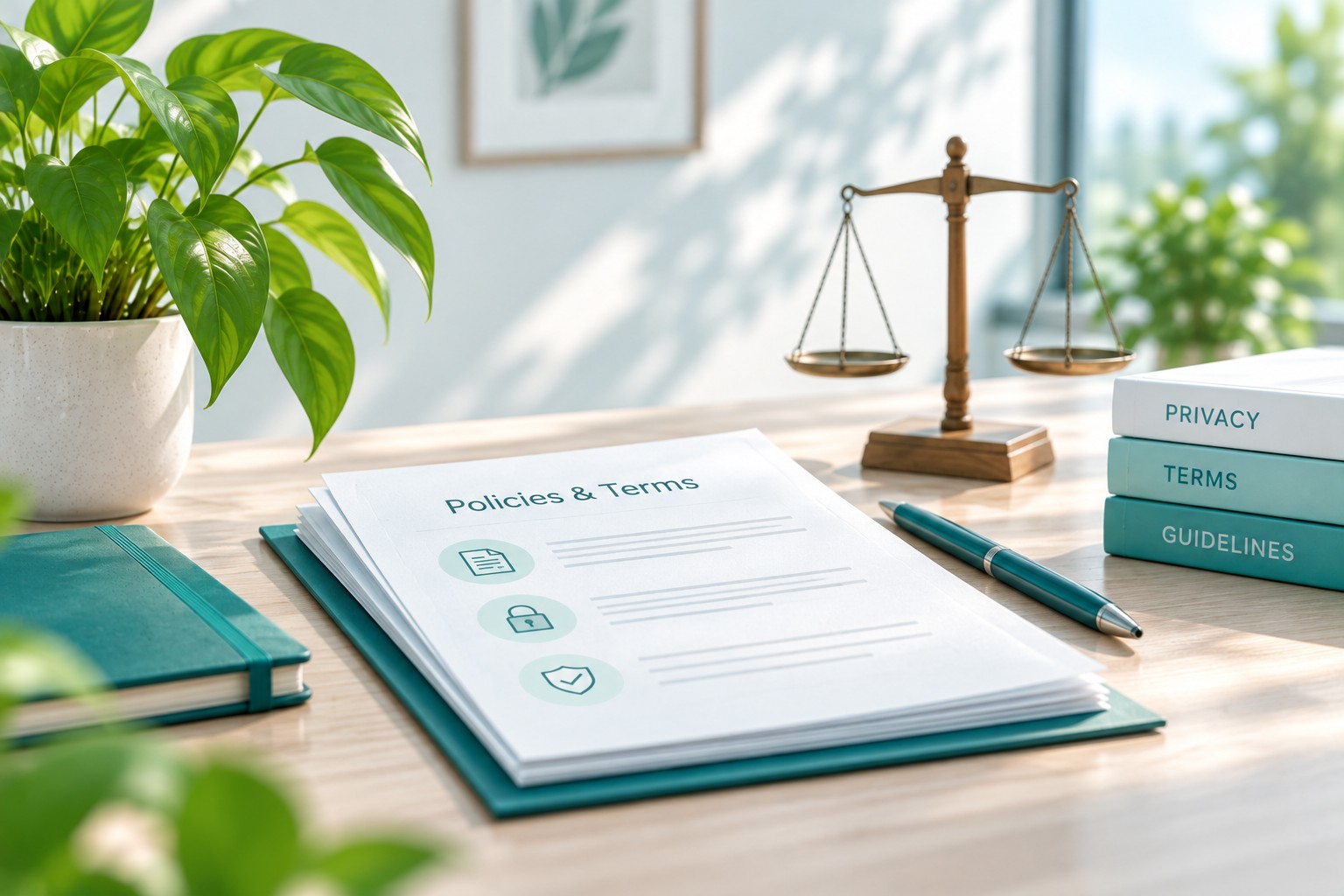 A folder labelled Policies and Terms on a desk with scales of justice and reference books